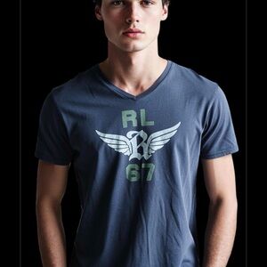 Polo Ralph Lauren TShirt Mens L Dk Grey Wing Logo RL67 Graphic Crew Casual Fade!